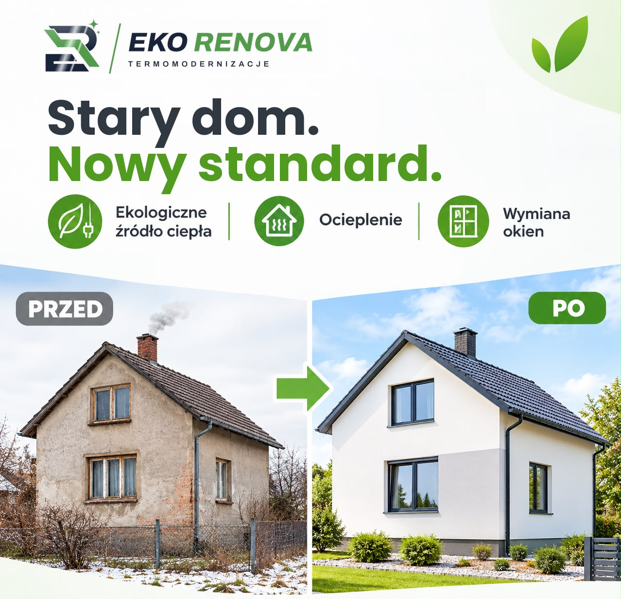 Stary dom, nowy standard. Po lewej dom przed modernizacją, po prawej odnowiony dom po termomodernizacji.